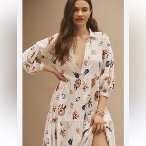 Anthropologie The Carolita Printed Tiered Shirt Dress sea motif nwot